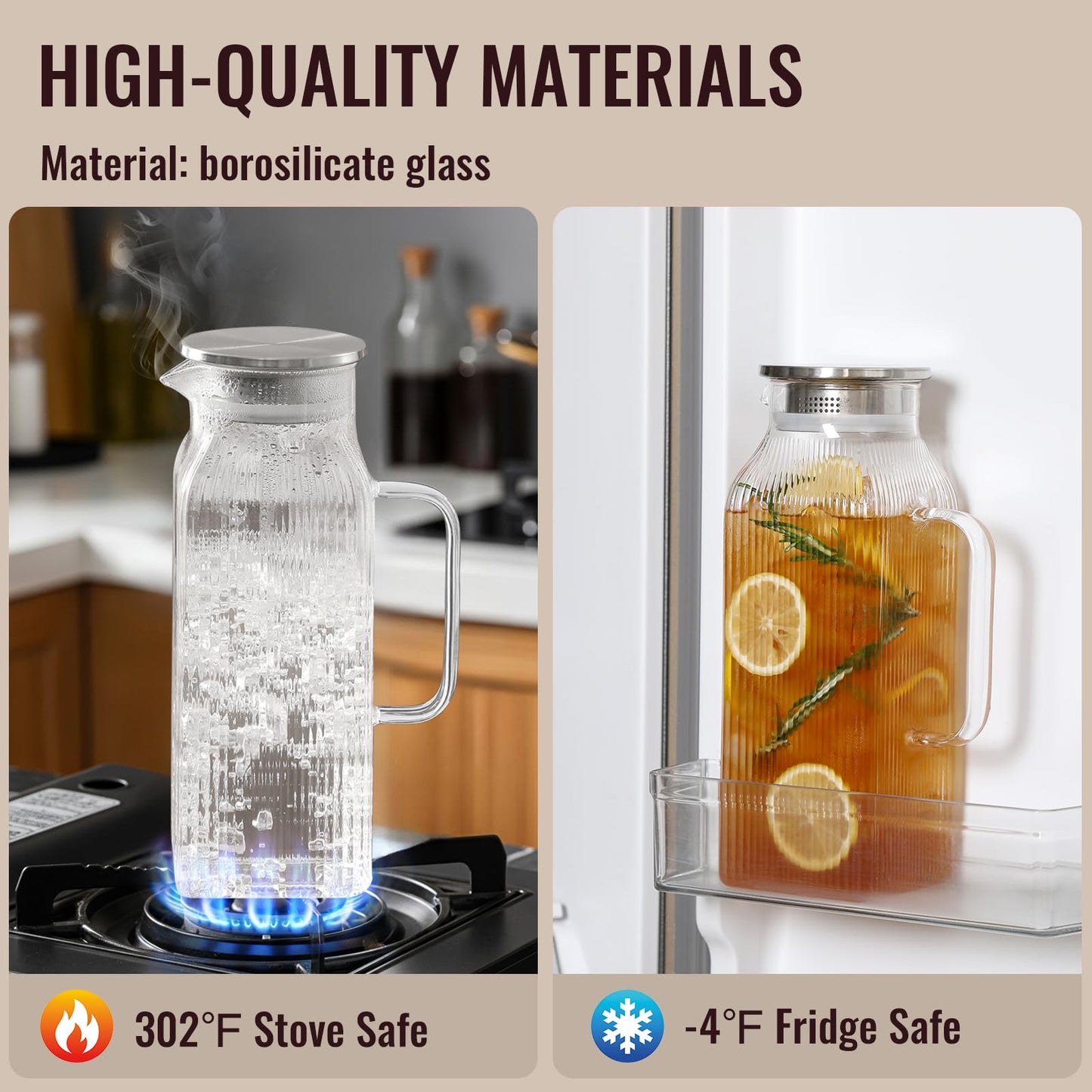 Snuvid 2 Pack 2 Liter/68 oz Square Glass Pitcher with Lid, Classic Stripes Water Pitchers with Handle for Fridge, Large Jug for Iced Tea, Borosilicate Glass Carafe for Hot/Cold Brew Drink, Silver