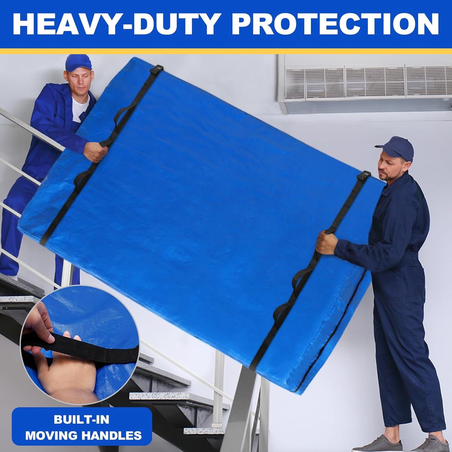TICONN Queen Mattress Bag - Heavy Duty Storage Cover with Full-Around Handle & Adjustable Buckles | Blue