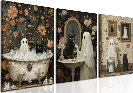Halloween Ghost Bathroom Wall Art Set of 3, Funny Gothic Wall Decor Dark Academia Decor Pictures, Horror Ghost and Black Cat in Bathroom Poster Canvas Prints 16x24 inch Framed