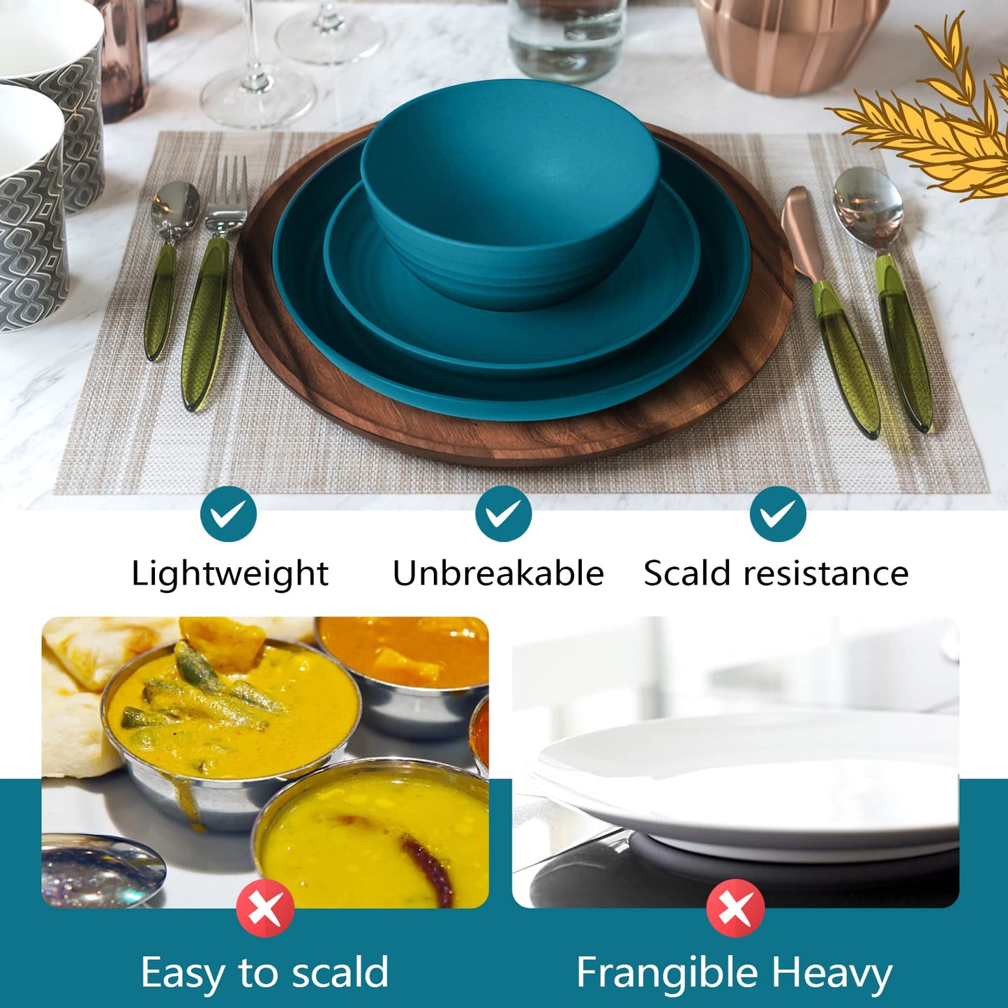 Teivio 32-Piece Kitchen Plastic Wheat Straw Dinnerware Set, Service for 8, Dinner Plates, Dessert Plate, Cereal Bowls, Cups, Unbreakable Colorful Plastic Outdoor Camping Dishes, Dark Blue