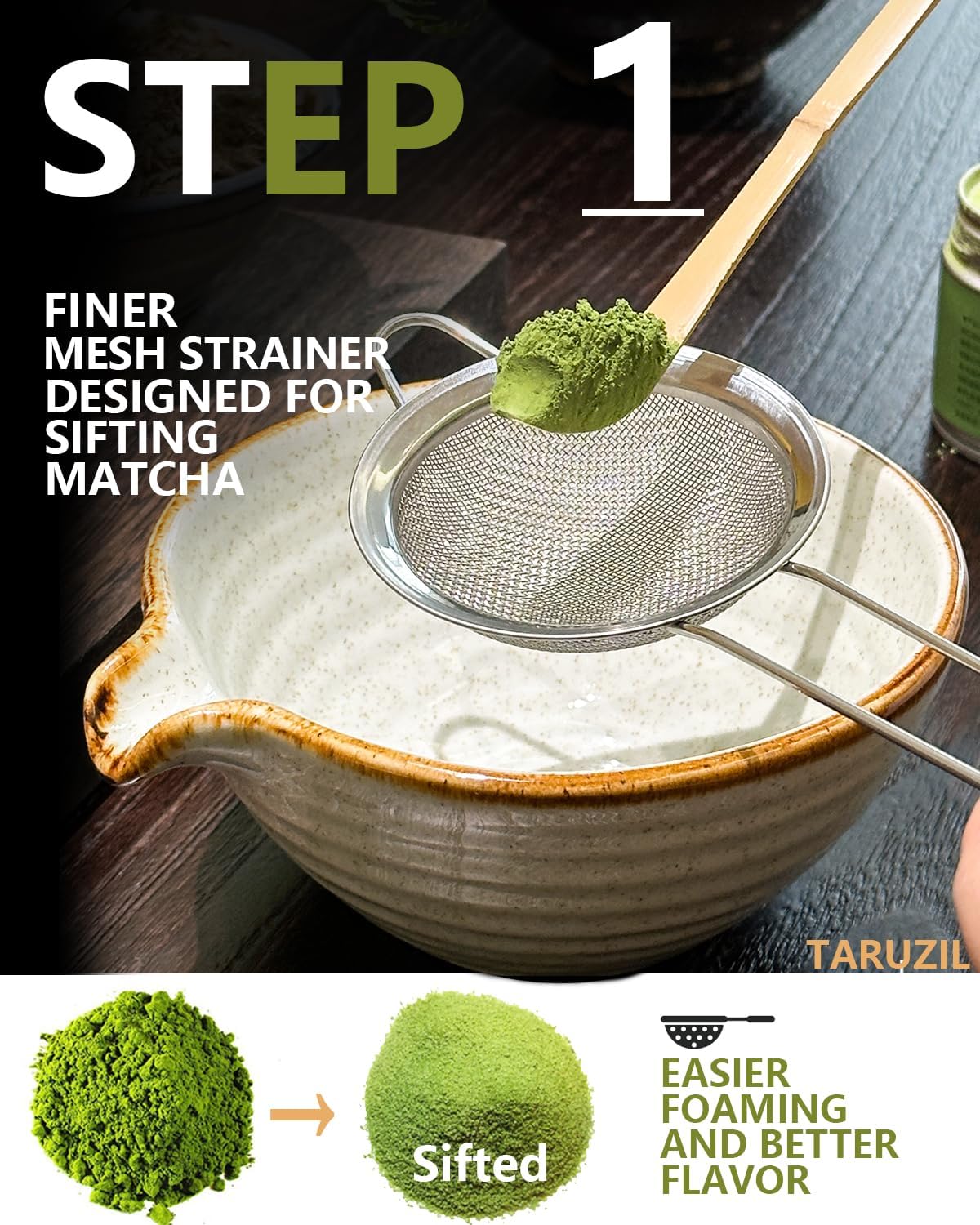 Taruzil Matcha Whisk Set - Bamboo Whisk, Bowl, Scoop & Sifter | Perfect Unique Gift for Women & Moms