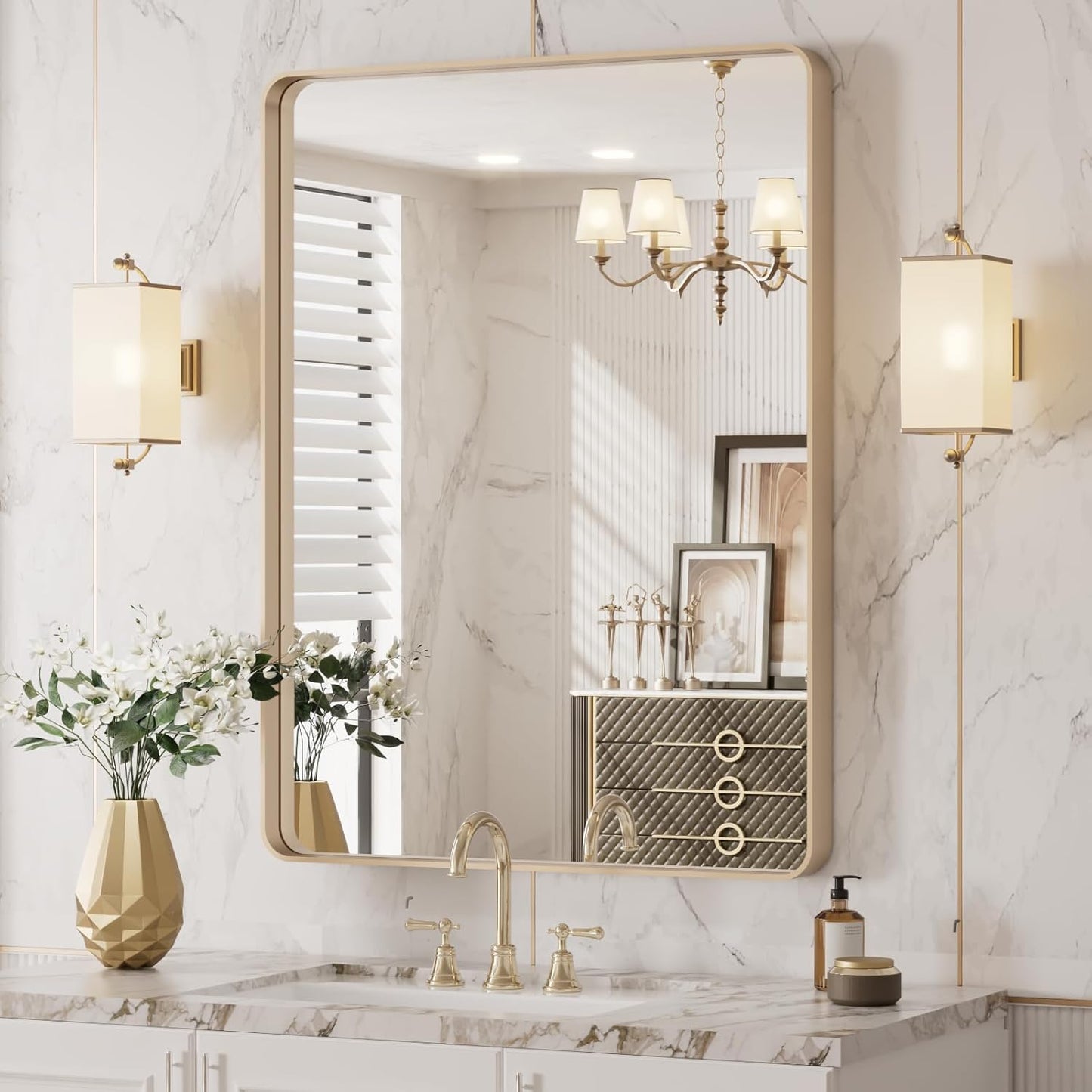 LOAAO Gold Bathroom Mirror - 20”X30” Rounded Rectangle Design, Wall-Mounted, Anti-Rust Finish