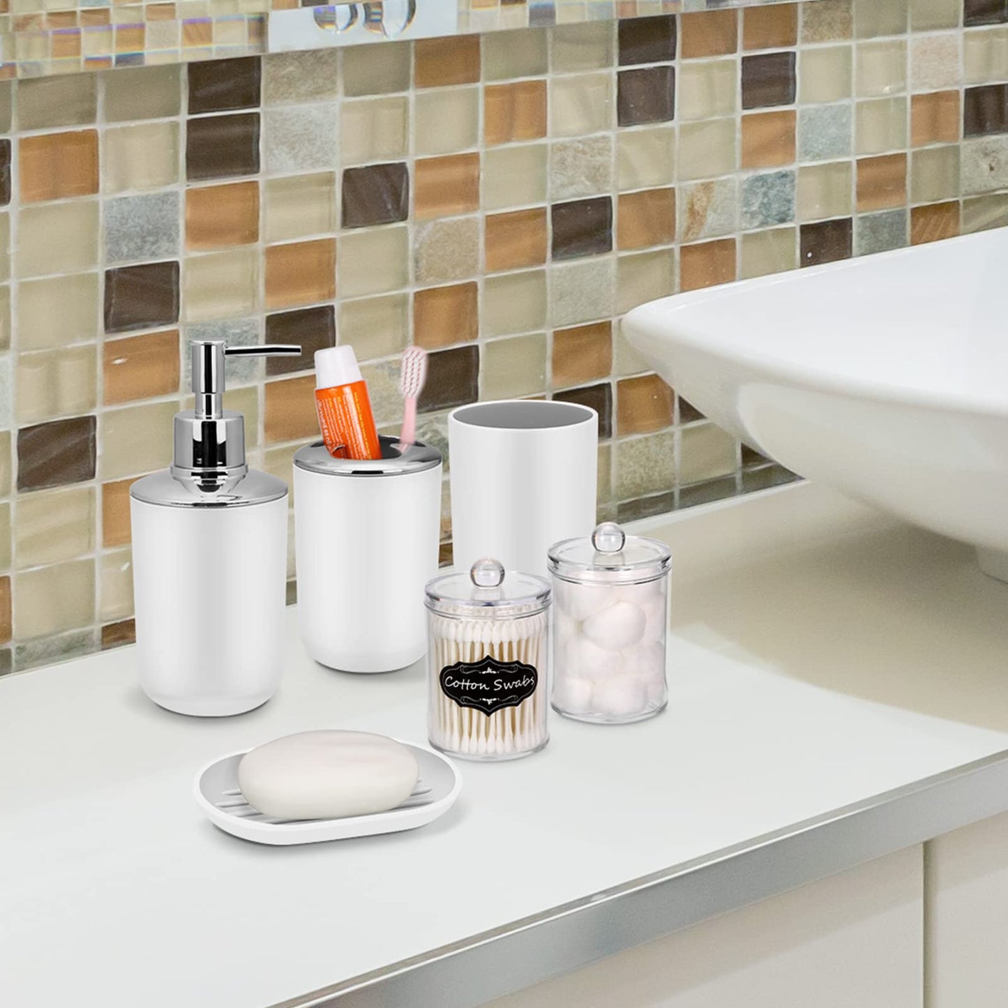 Bathroom Set - 9 Pcs White Bathroom Accessories Set with Trash Can,Tray,Soap Dispenser,Soap Dish,Toothbrush Holder&Cup,Toilet Brush Holder,2 Qtip Holder Dispenser