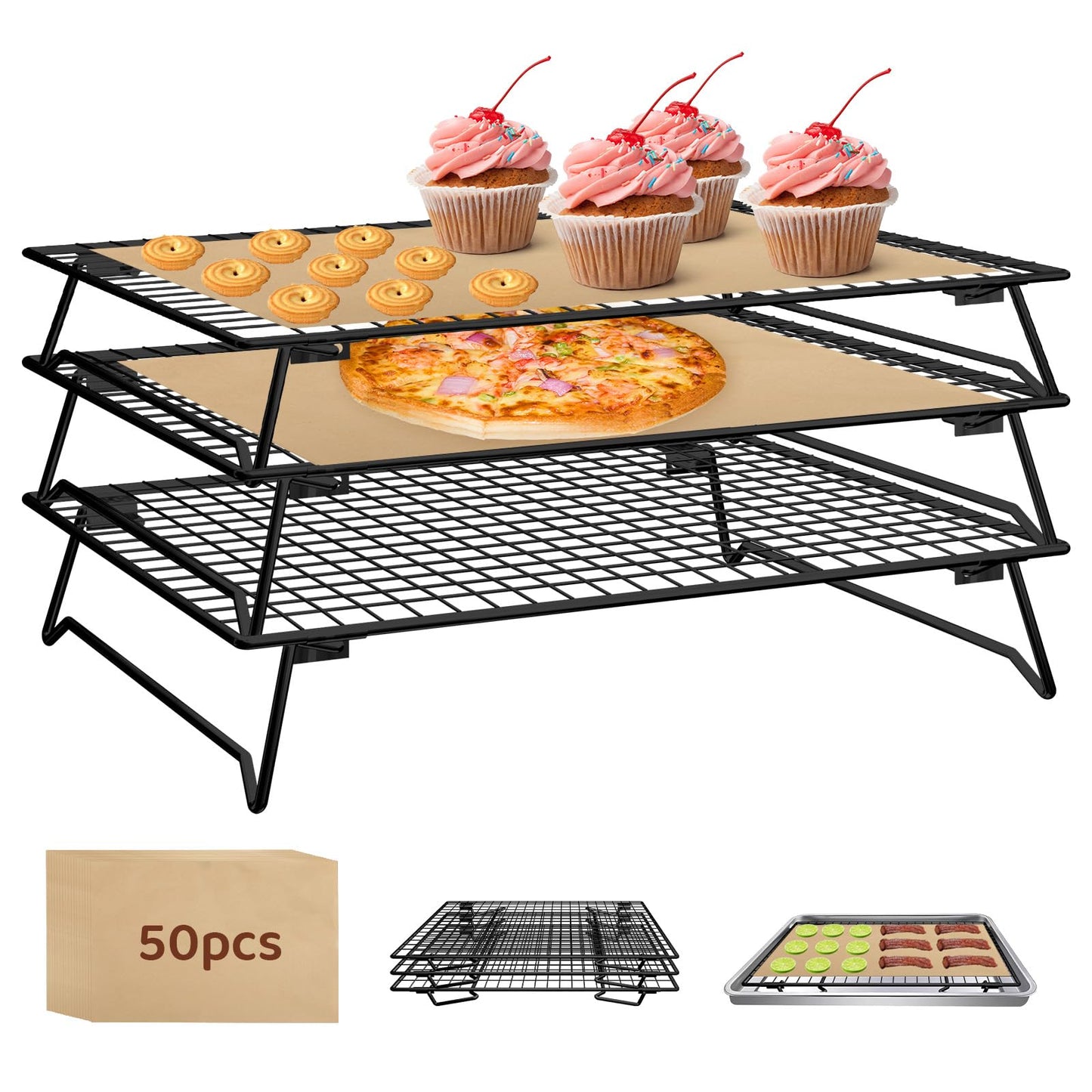 Vehookin 3 Tier Stackable Cooling Rack for Cooking and Baking, Wire Rack for Baking Sheet w/50 Parchment Papers, 13.4" x 9" Cookie Cooling Rack for Pizza, Bread, Cake,Veggie,Jerky, Drying Baking Rack