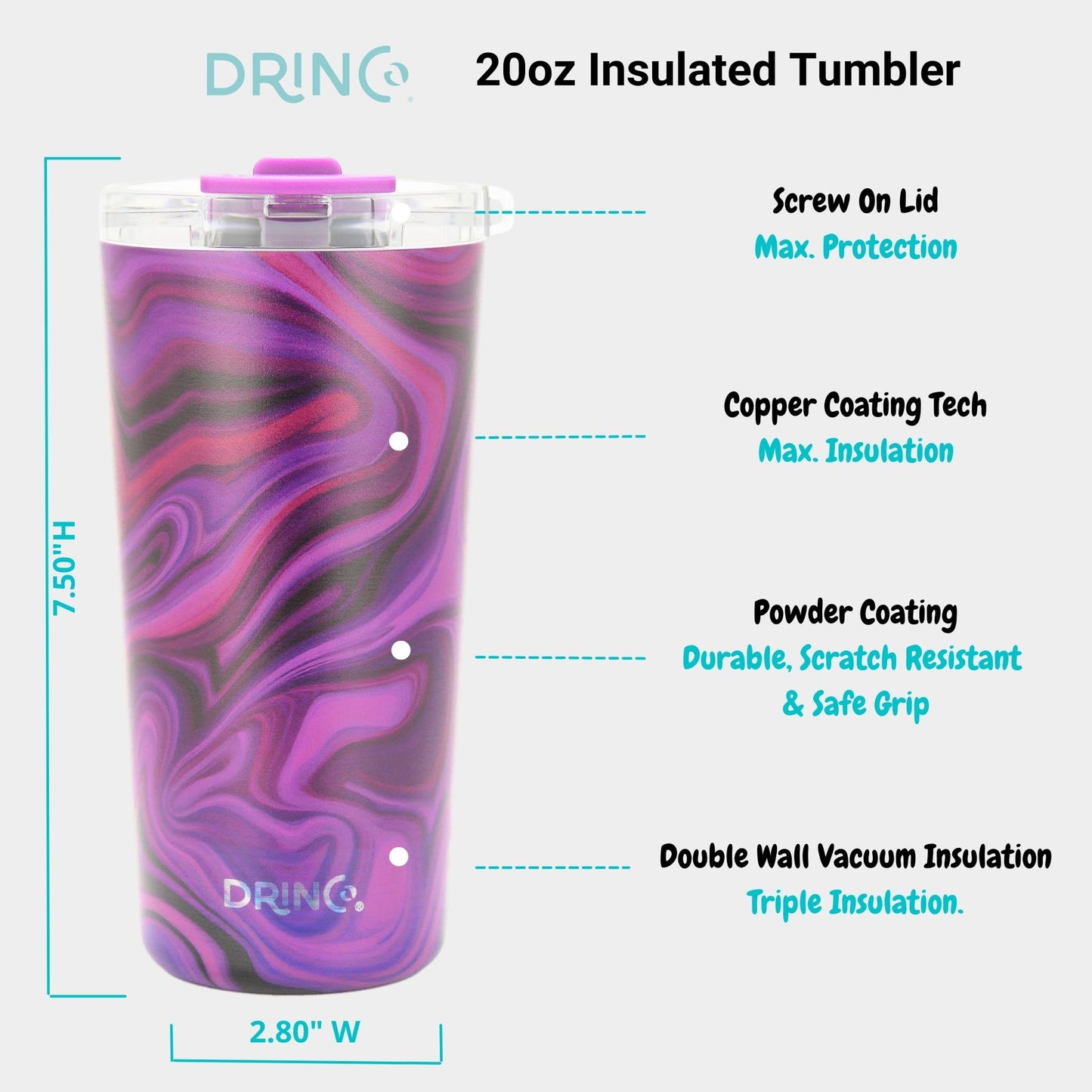 Drinco - 20 oz Stainless Steel Tumbler | Double Walled Vacuum Insulated Mug With Lid, 2 Straws, For Hot & Cold Drinks (20oz Purple Swirl)