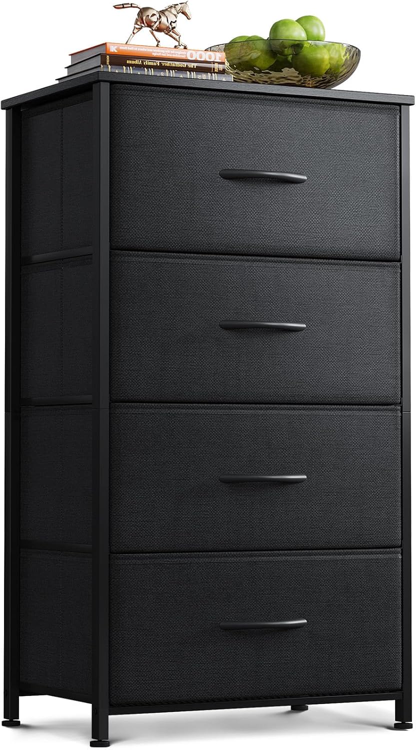 AODK Dresser - 4 Drawer Fabric Chest with Sturdy Steel Frame - Stylish Black Bedroom Storage