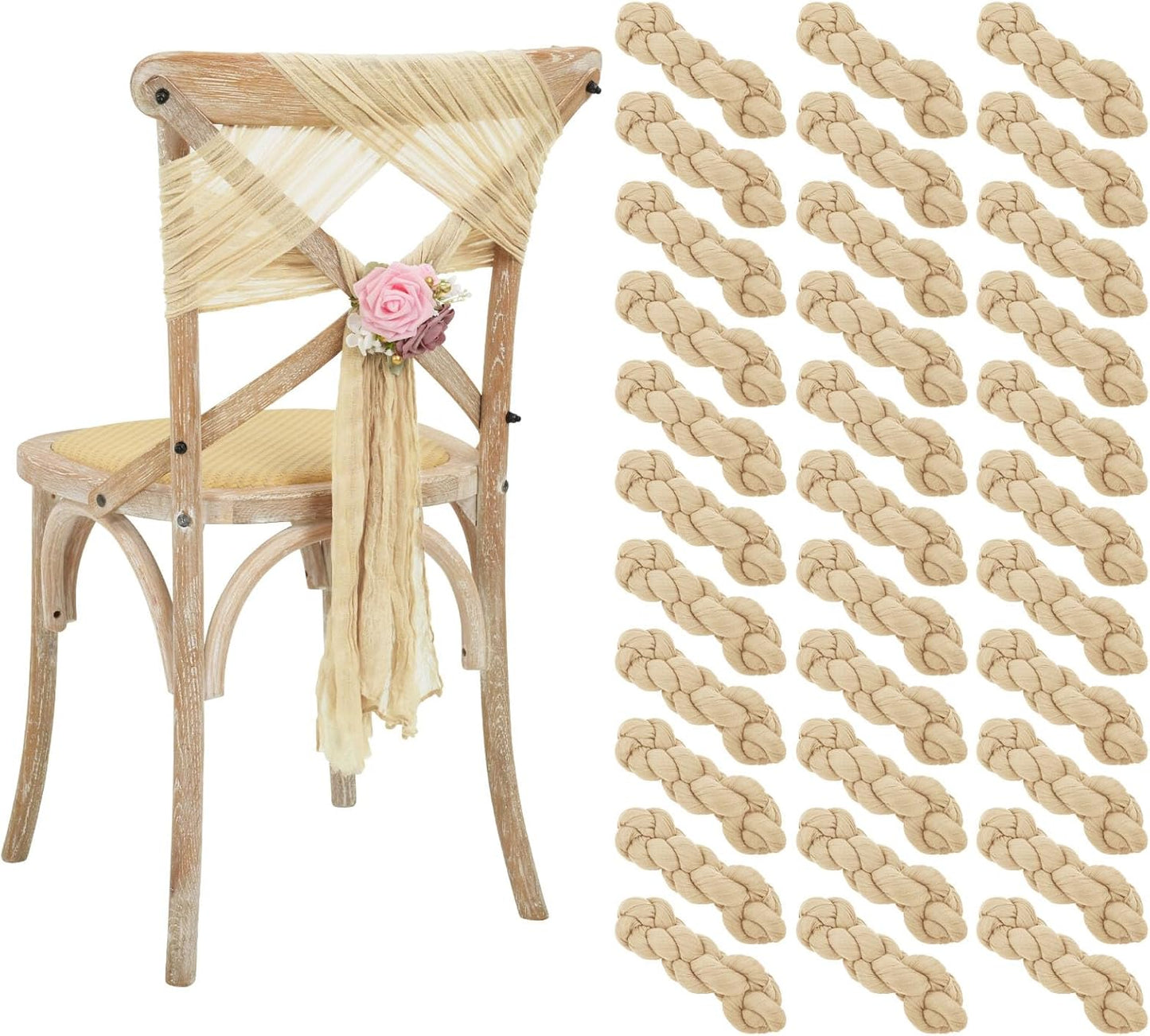 Skiennix 50 PCS Cheesecloth Chair Sashes - Elegant Beige Bows for Wedding & Event Decor