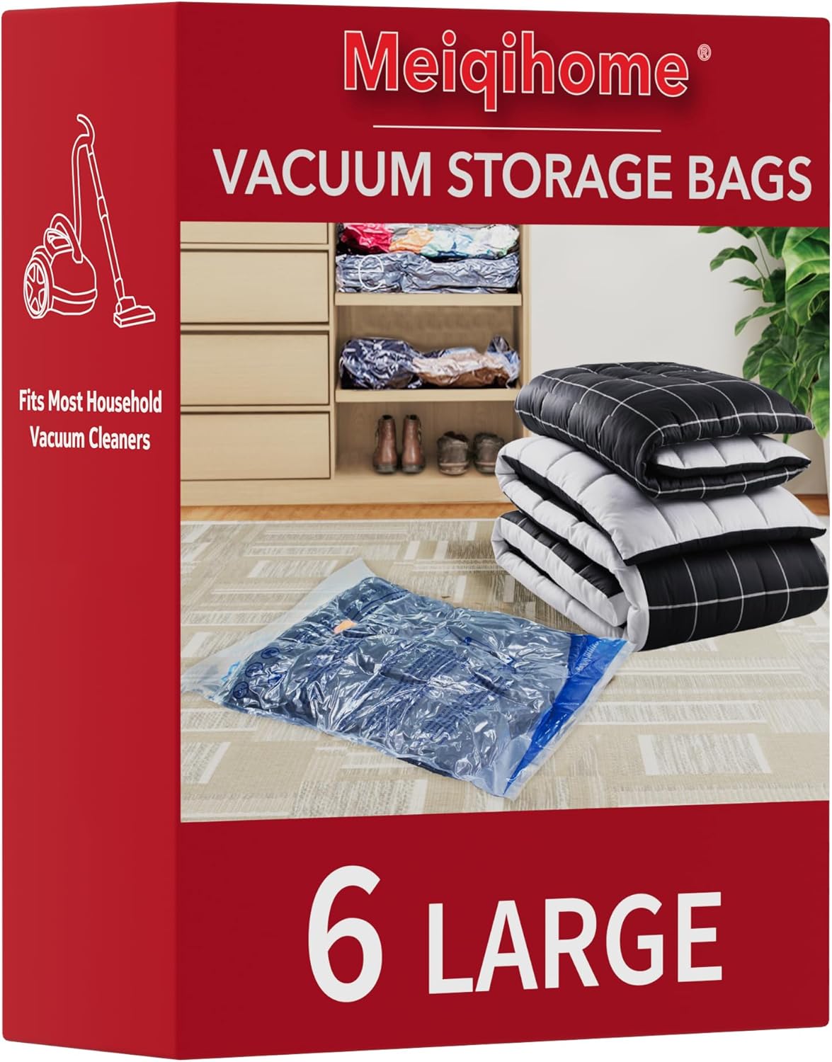 MEIQIHOME Vacuum Storage Bags - Space Saver Sealer for Clothing, Pillows & Bedding | 6 Large Bags