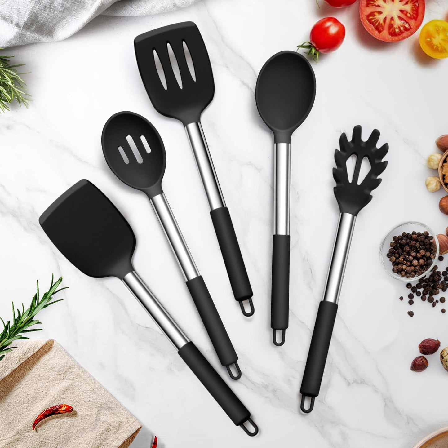 TeamFar Cooking Utensils Set, 5 PCS Silicone Kitchen Utensils with Stainless Steel Handle, for Nonstick Cookware Flipping Frying Turning Draining, Heatproof & Healthy, Nonstick & Easy Clean, Black