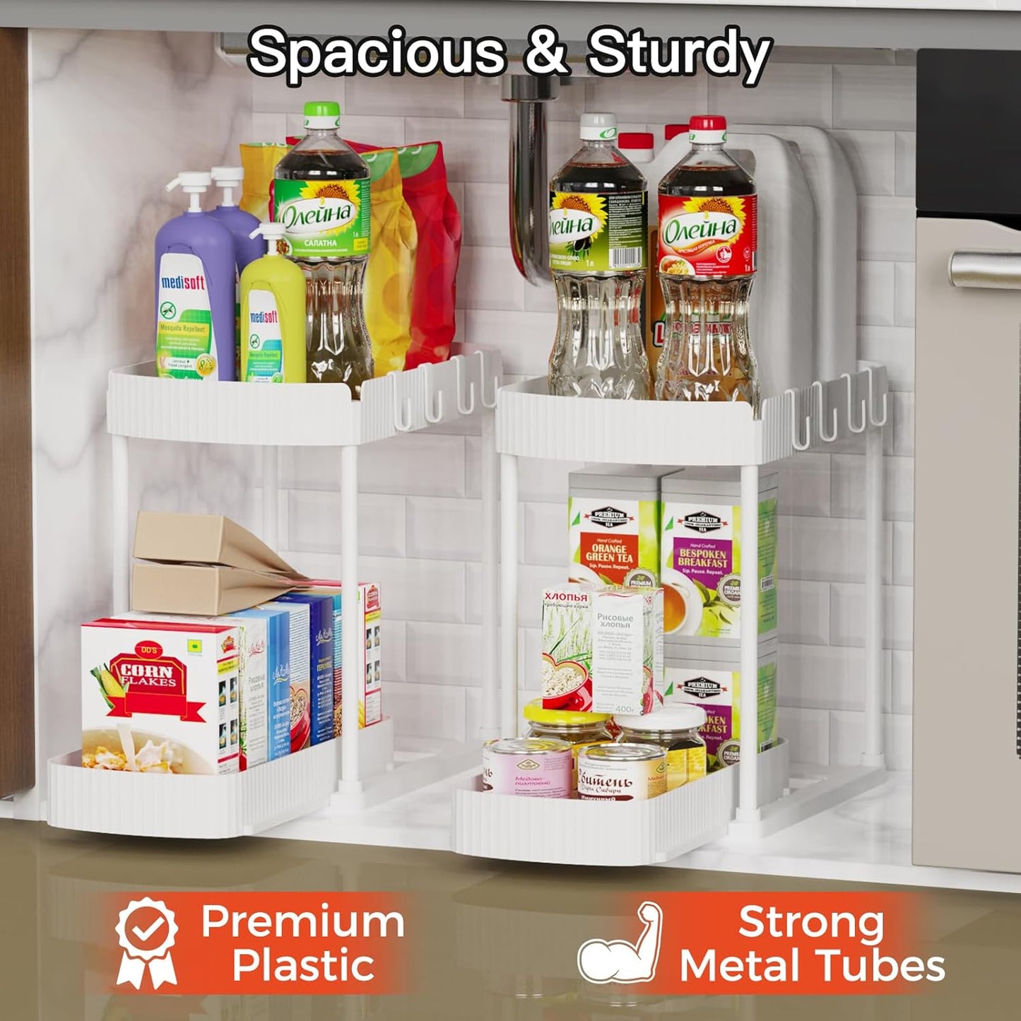 Ukeetap Multi-Purpose Pull-Out Storage Organizers - Under Sink & Cabinet Solution | 14.8 Inch, White