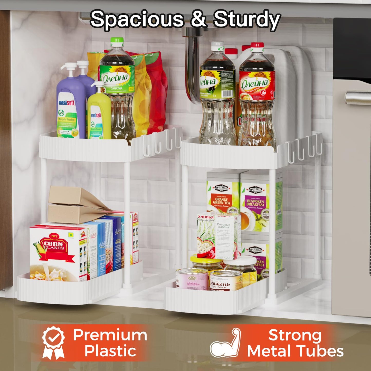 Ukeetap 2 Pack Multi-Purpose Pull-Out Storage Organizers, Under Sink & Cabinet Storage, 12.8 Inch, White