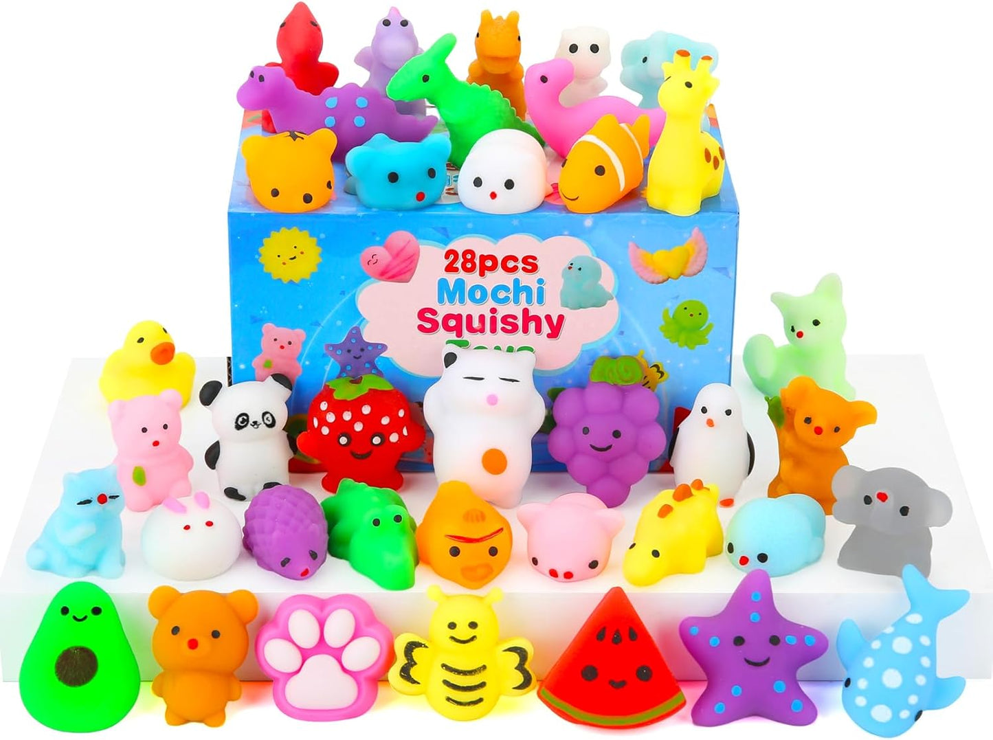 Kawaii Squishy Toys - 28 Pack Mochi Fidget Toys with Cards | Perfect for Goodie Bags & Party Favors