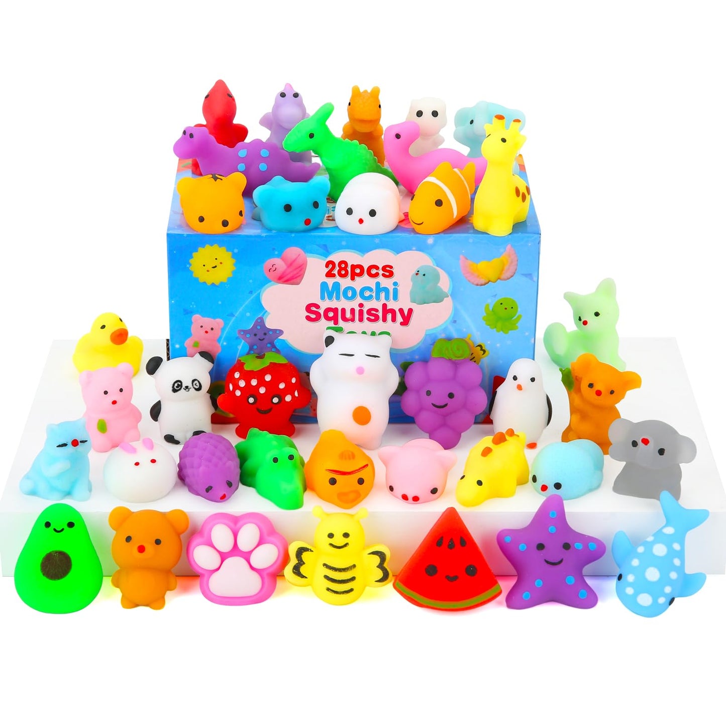 Squishy Toys, 28 Pack Kawaii Squishies and Cards, Gifts for Goodie Bag Stuffers, Party Favors for Kids 4-8 8-12, Treasure Box Classroom Prizes Mochi Squishy Cat Fidget Toys