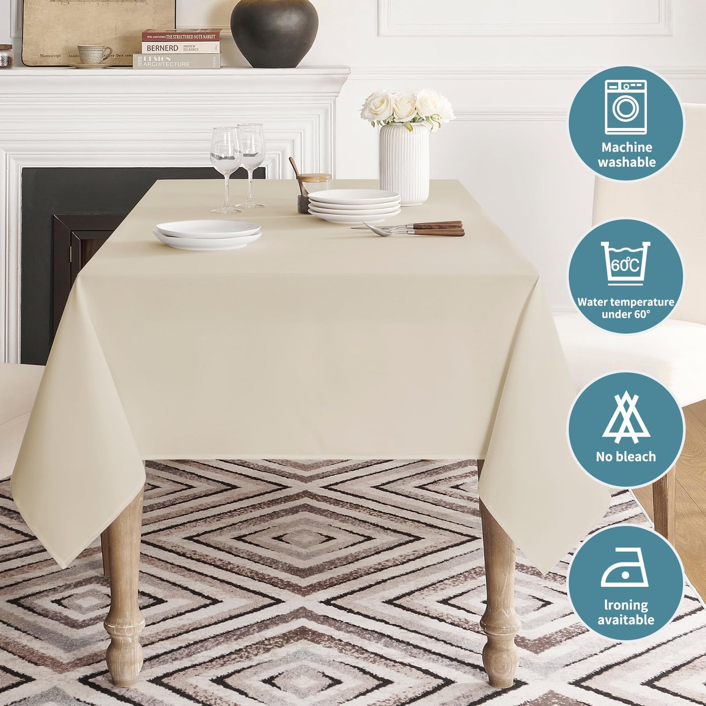 Veblandy Table Cloth Rectangle Waterproof Spill-Proof Wrinkle-Free Tablecloth Washable, Kitchen Dining Tabletop Decoration, Fabric Table Cover for Indoor and Outdoor Use, 52 x 70 Inch, Beige