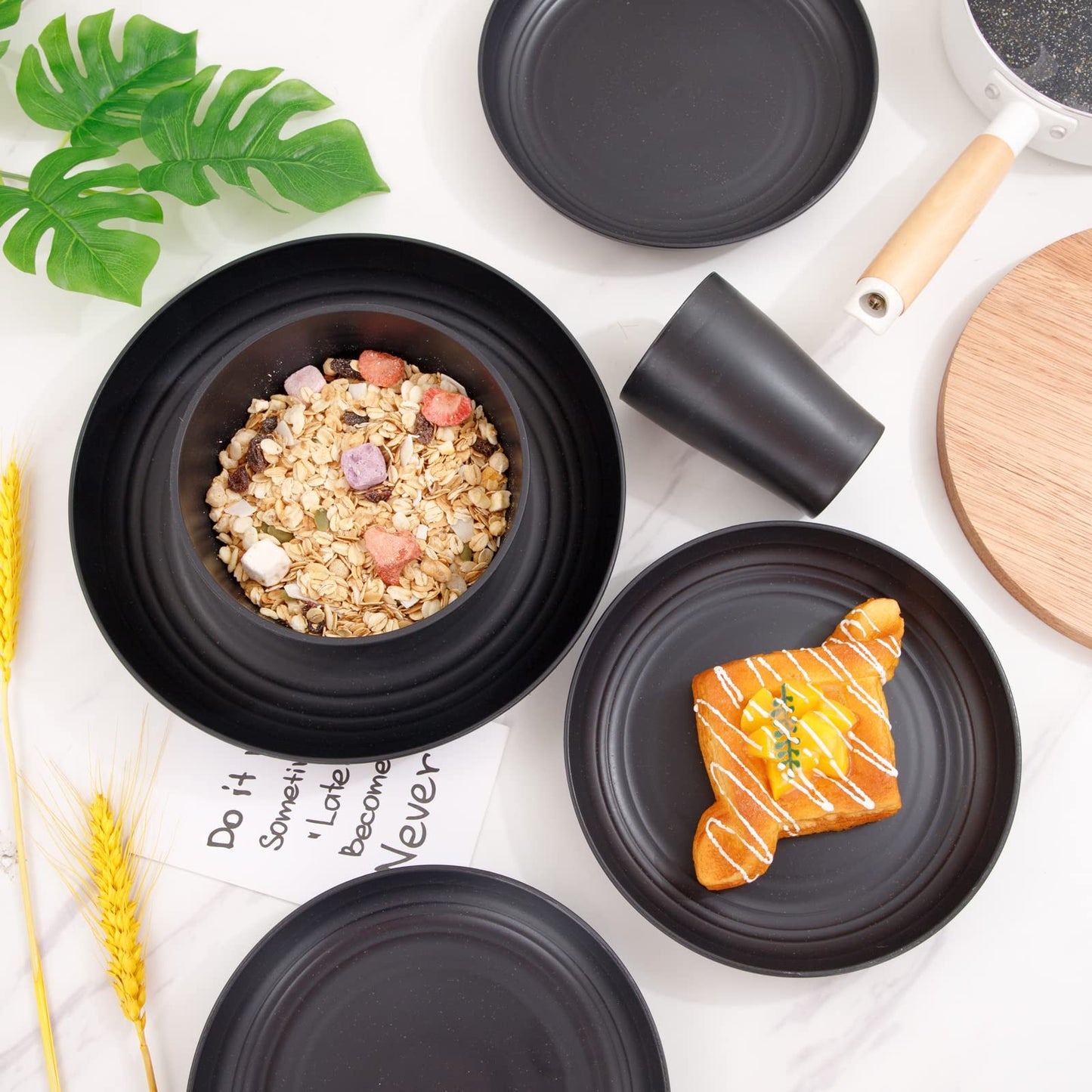 Supernal Wheat Straw Dinnerware Sets,Plates and Bowls Set, Dish Sets for 8, Unbreakable Plate for 8 Dishwasher Safe,Reusable Dinnerware Black-16pcs Plates, 8pcs Bowls, 8pcs Cups.
