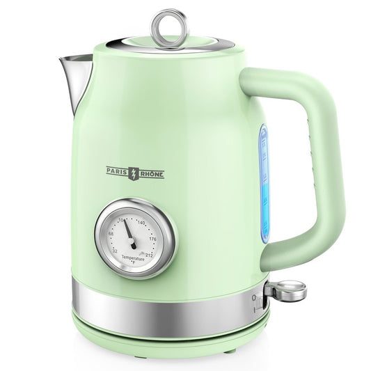 Retro Electric Kettle, PARIS RHÔNE 1.7L Hot Tea Kettle with Thermometer, 1500W Fast Heating, Cordless Design, LED Indicator, Auto Shut-Off & Boil Dry Protection