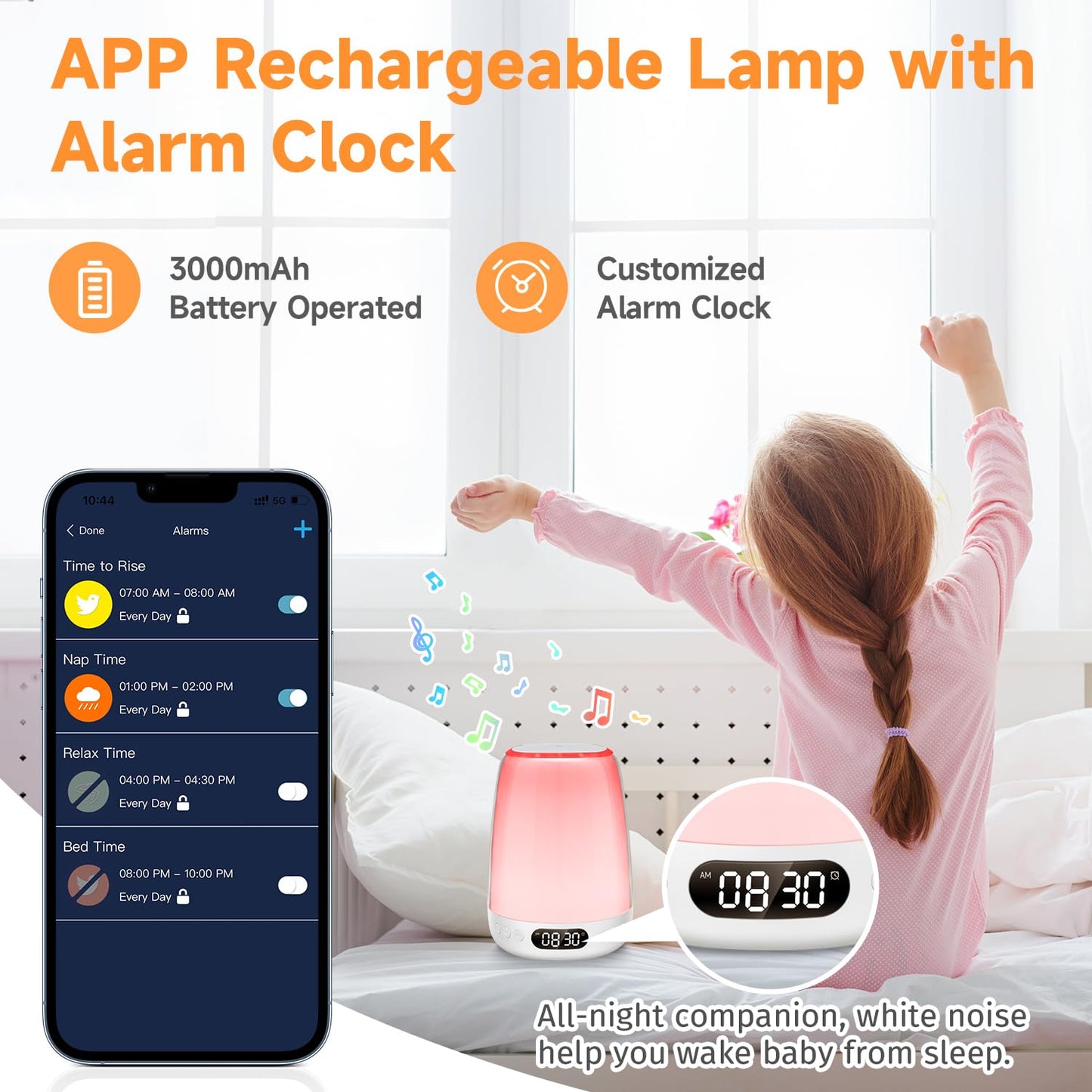 One Fire Sound Machine Baby Night Light for Kids, Bluetooth & 14 White Noise Kids Night Light, 48 RGB Colors Smart APP/Touch Night Light for Baby Nursery Night Light,Wake Up Alarm Clock for Kids Gifts