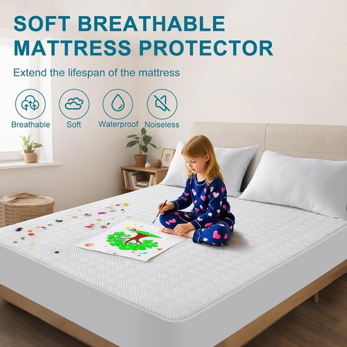 GOPOONY Waterproof Mattress Protector - Breathable, Noiseless, Ultra-Soft Queen Size Bed Cover | Deep Pockets 8"-21" (White)