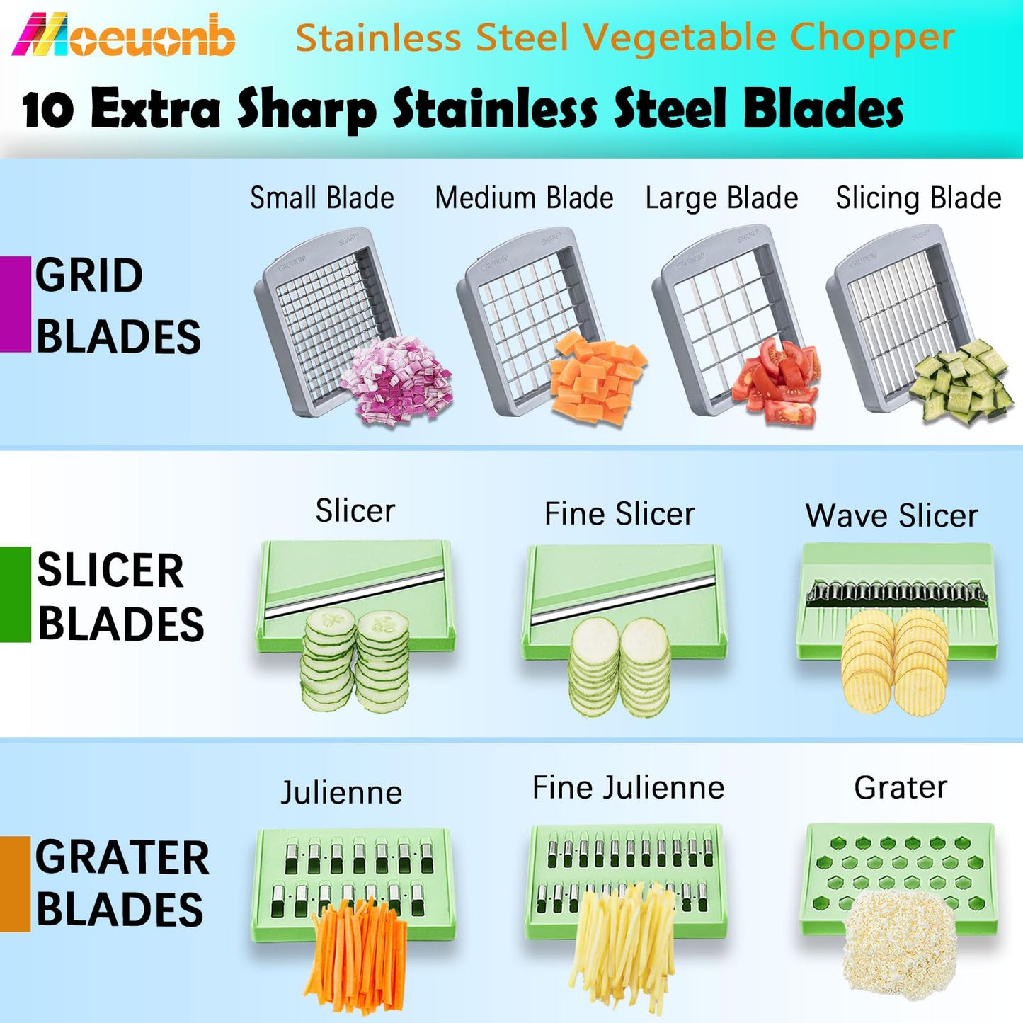 Stainless Steel Vegetable Chopper with 10 Blades - Mandoline Slicer-Pro Food Chopper with Container - Veggie Salad Onion Chopper - Potato Dicer - Tomato Cutter - Cheese Grater