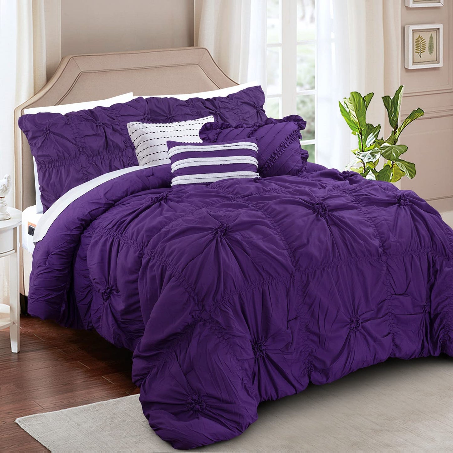 Elegant Comfort Amy 12-Piece Oversized Comforter, Bed-in-a-Bag Including 6-Piece Sheet Set Featuring Smart Pockets and Matching Decorative Pillows, Amy 12PC Oversized Comforter, Cali King, Purple