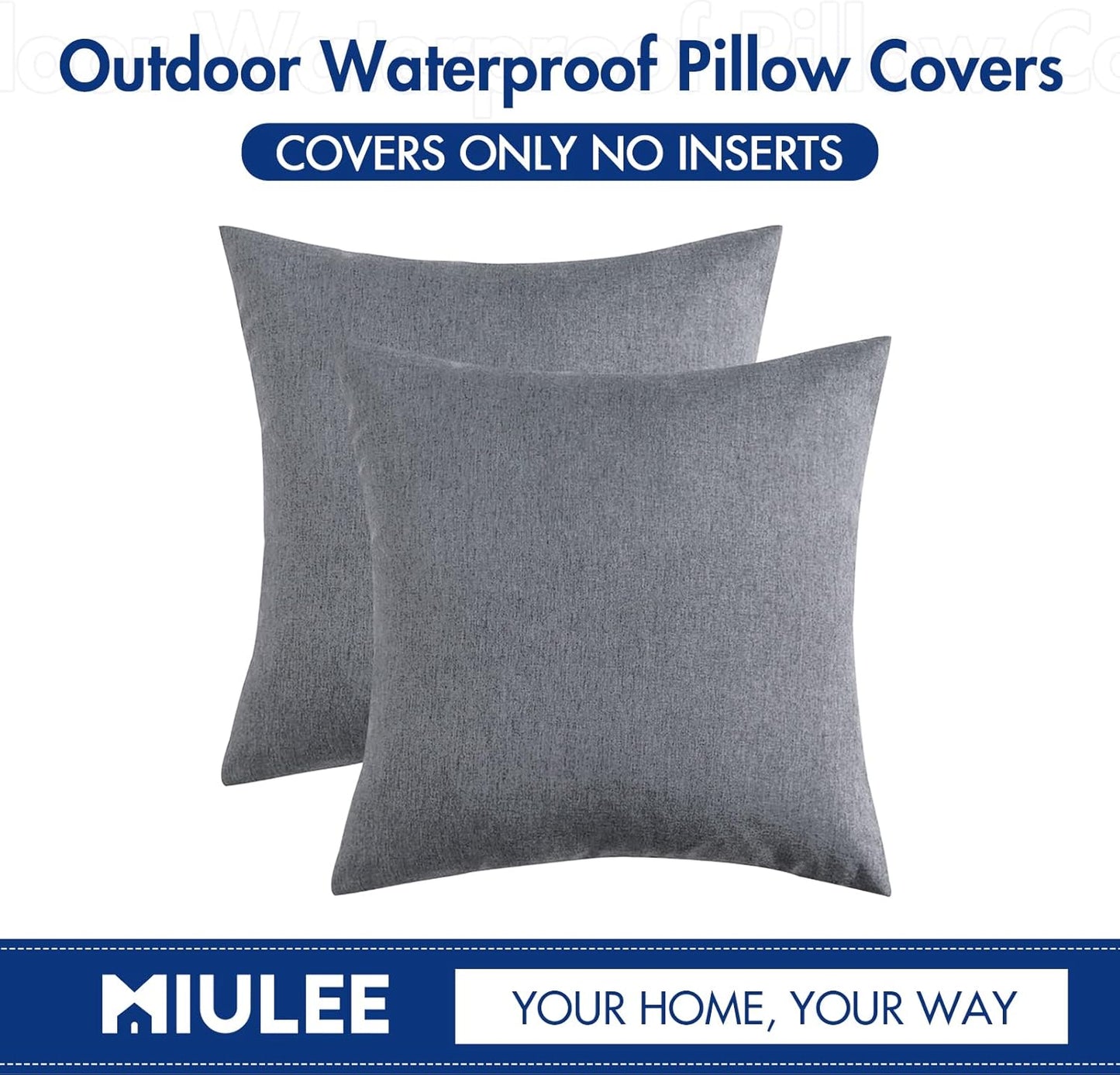 MIULEE Decorative Outdoor Throw Pillow Covers - Waterproof Faux Linen Cushion Cases | 22x22 Inch Dark Grey (Pack of 2)