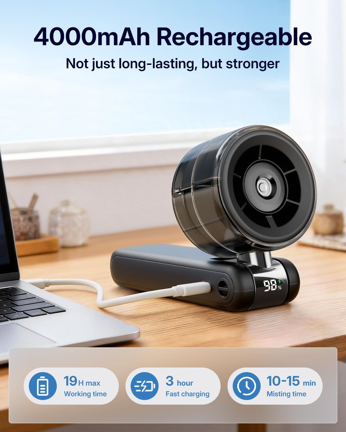 Skiennix Misting Fan - Portable Handheld Turbo Fan with Cool Mist Spray, 4000mAh Battery | Black