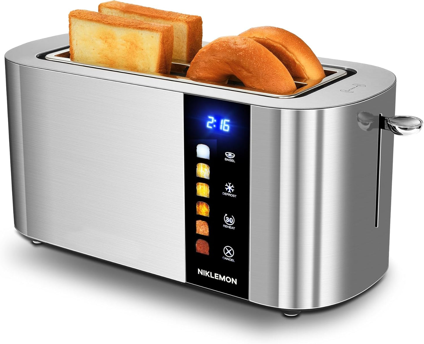 NIKLEMON Stainless Steel 4-Slice Toaster - LED Display, Extra Wide Slots, 1300W Power | Bagel & Defrost Functions