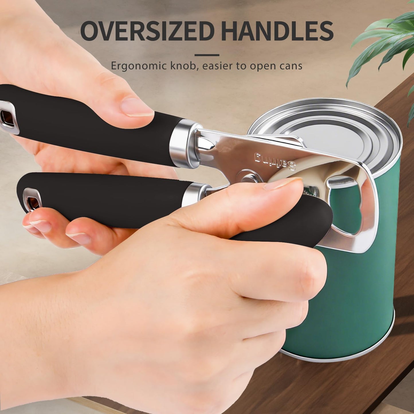 Safring Can Opener Manual, Heavy Duty Stainless Steel Smooth Edge Can Openers With Soft Touch Handle, Oversized Handheld Easy Turn Knob, Multi-Function Bottle Opener, Black
