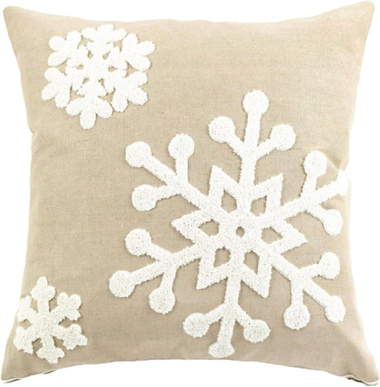 Christmas Pillow Cover 18x18 - Embroidered Sleigh & Snowflakes - Winter Decorative Cushion for Sofa & Bed