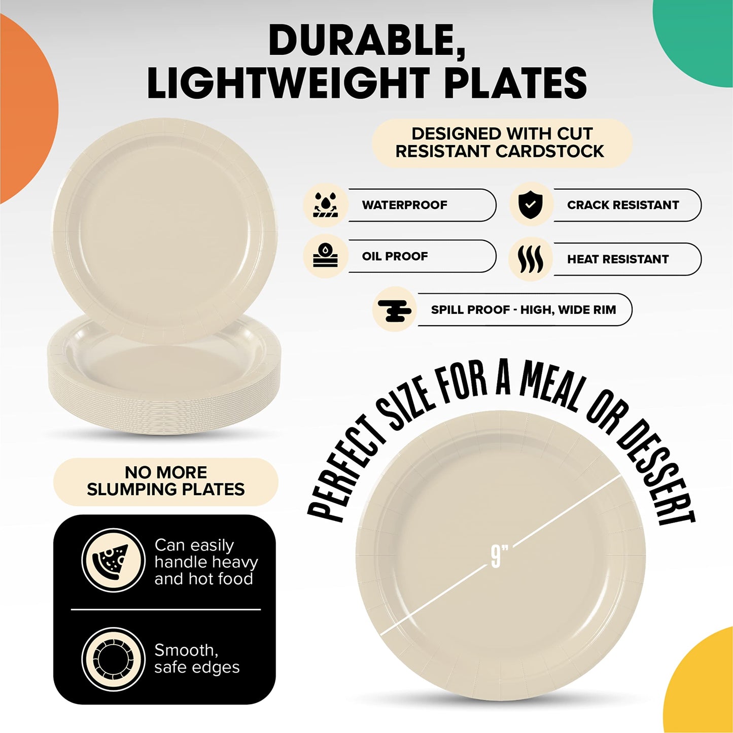 Exquisite Party Solids Ivory Paper Plates Disposable Heavy Duty 9 Inch Ivory Disposable Plates For Party 100 Pcs Heavy Duty 350 GSM, Birthday Supplies