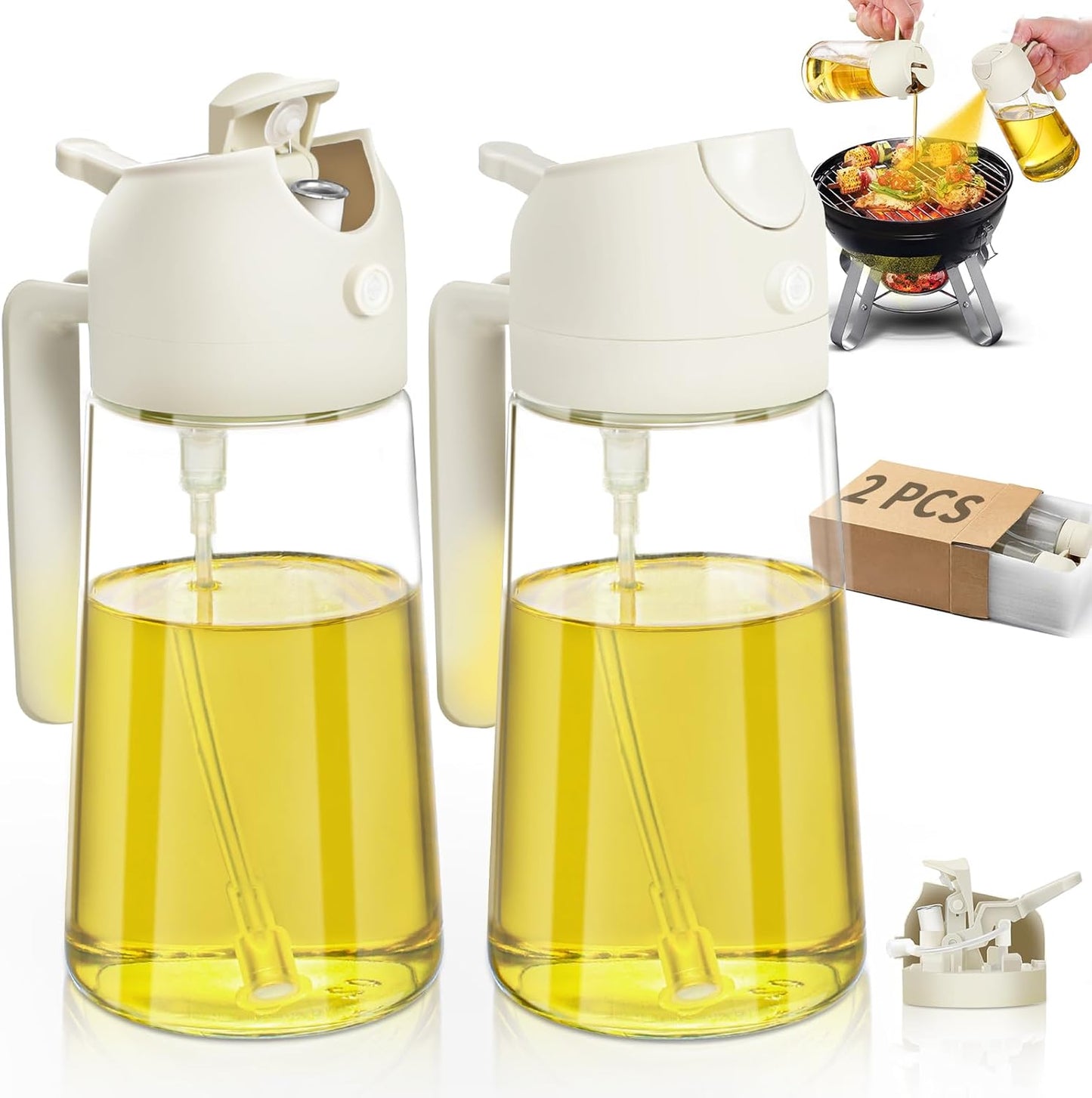 Skiennix Oil Sprayer - 2-in-1 Glass Dispenser for Cooking | 16oz Olive Oil Mist Bottle (White)