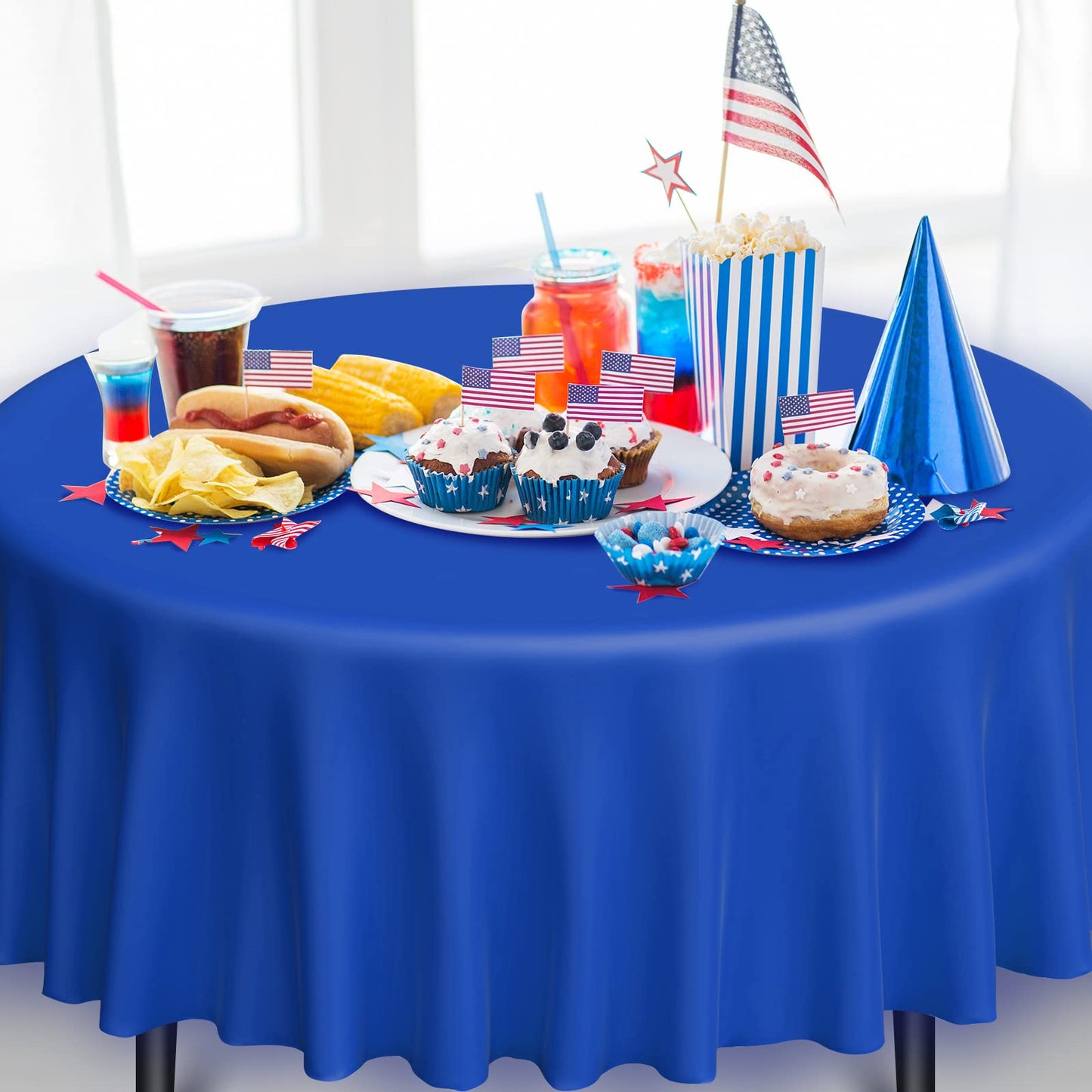 MASHAN 12 Pack 4th of July Plastic Tablecloth, Red White and Blue Patriotic Disposable Tablecloth,Round Table Cover for Independence Day Memorial Day Veterans Day 250 Anniversary Decorations, 84 Inch