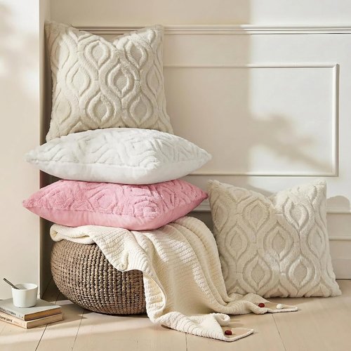 decorUhome Throw Pillow Covers - Soft Plush Faux Wool Beige | Set of 2, 18x18 Inch Square Accent Pillows for Living Room