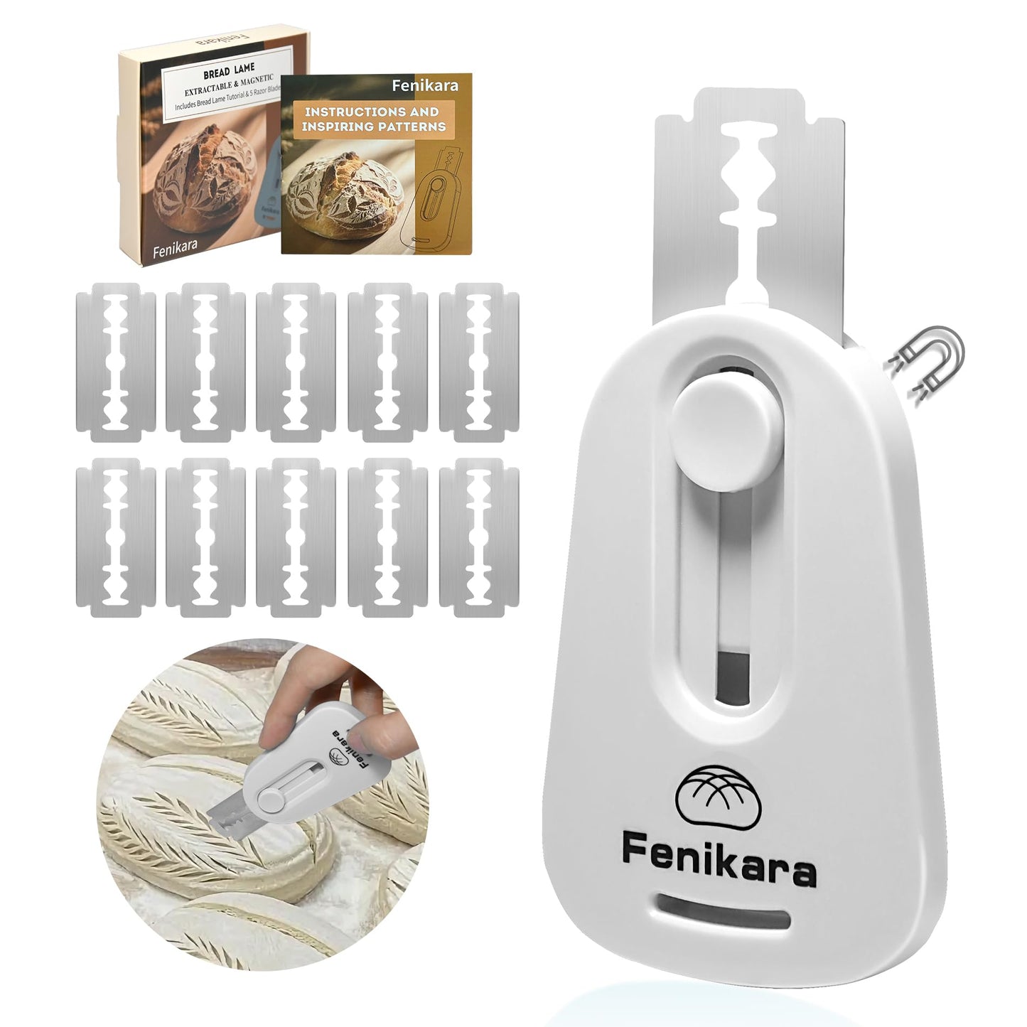 Fenikara Premium Magnetic Bread Lame & Versatile Bread Scoring Tool - Professional Sourdough Scoring Tool and Lame Bread Tool with 10 Razor Blades & Scoring Patterns Booklet (light gray)