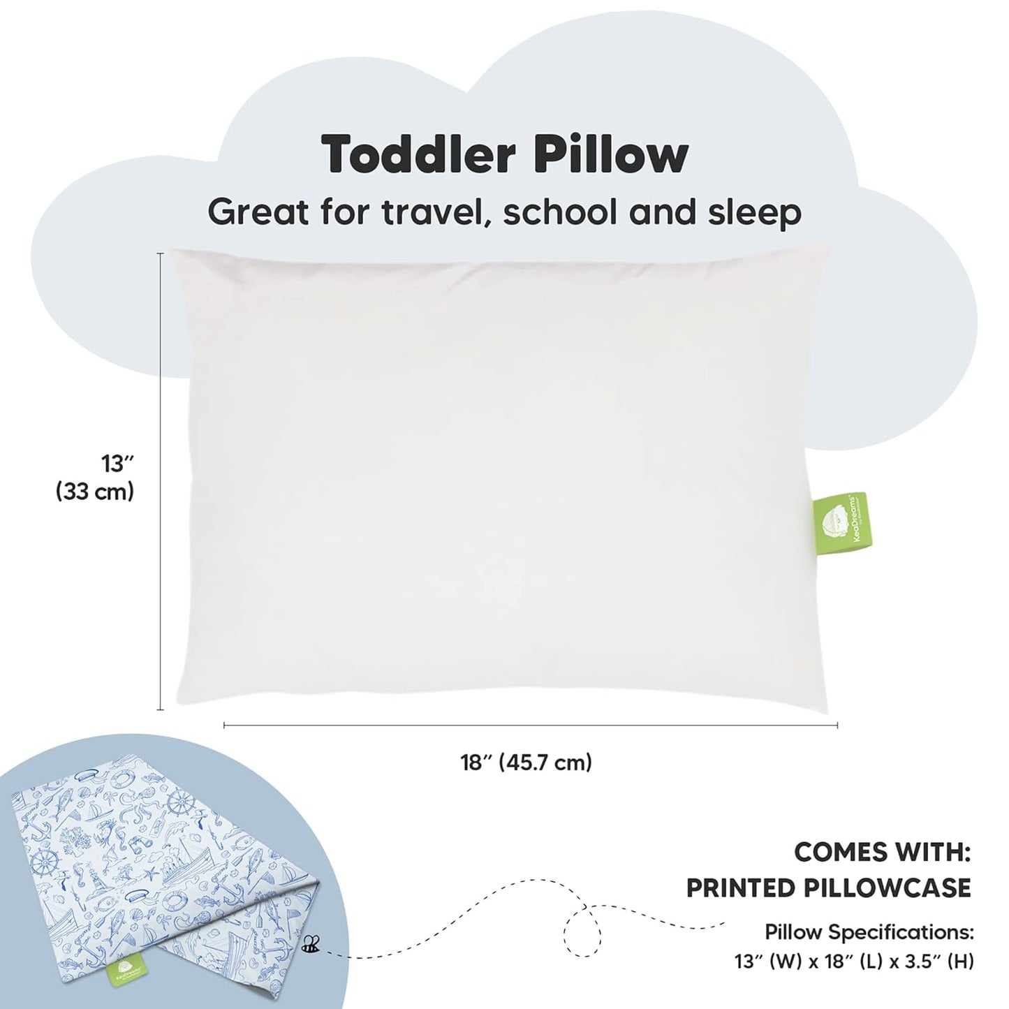 My Little Dreamy Toddler Pillow - Organic Cotton Travel Bed Pillow with Case | Soft & Breathable, 13x18 Inches, Ideal for Ages 2-5 (Nautical)