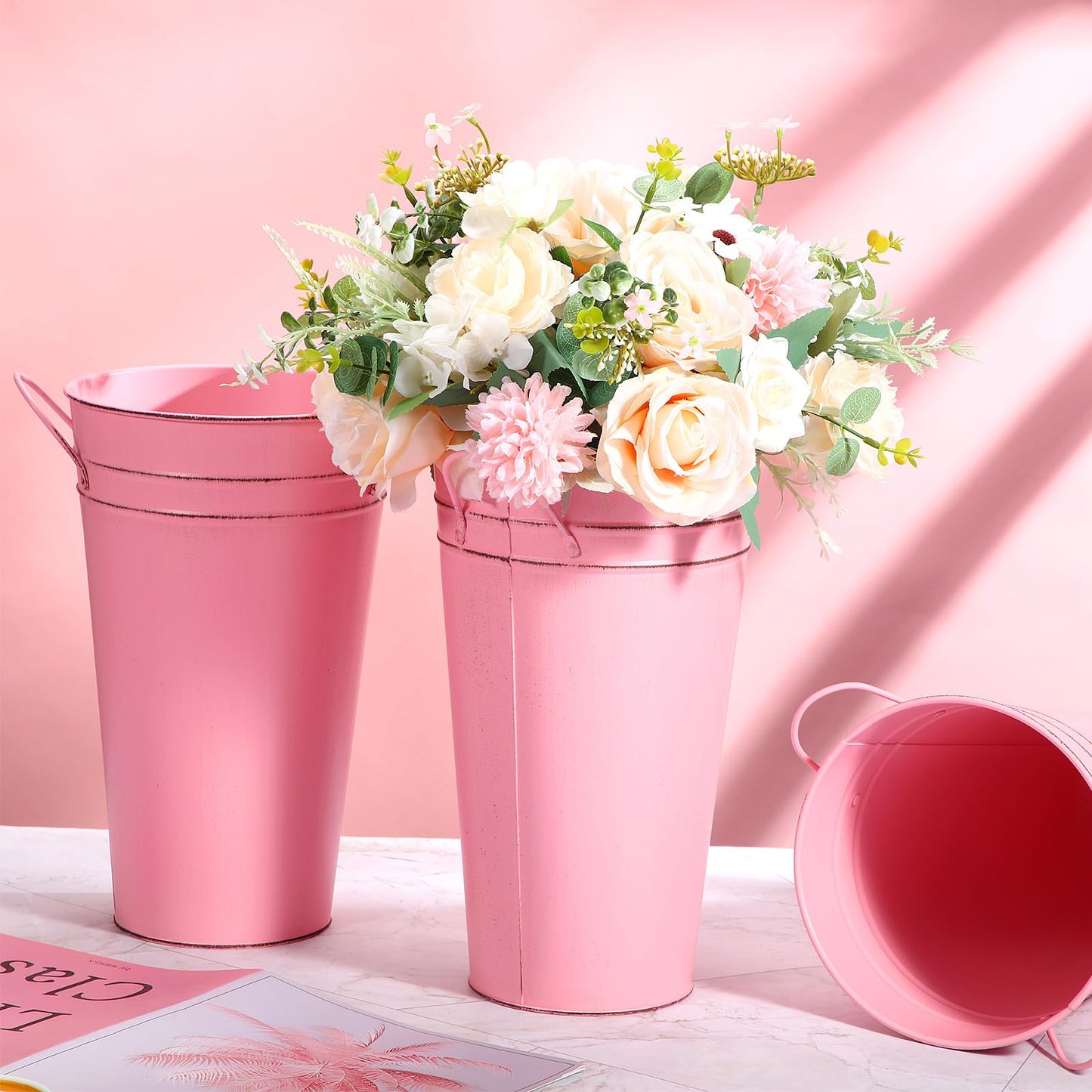 Irenare 12 Inch Vintage Galvanized Flower Bucket Metal Flower Vase Farmhouse French Bucket Planter Metal Floral Container for Party Table Centerpiece Weddings Home(Pink,6 Pcs)