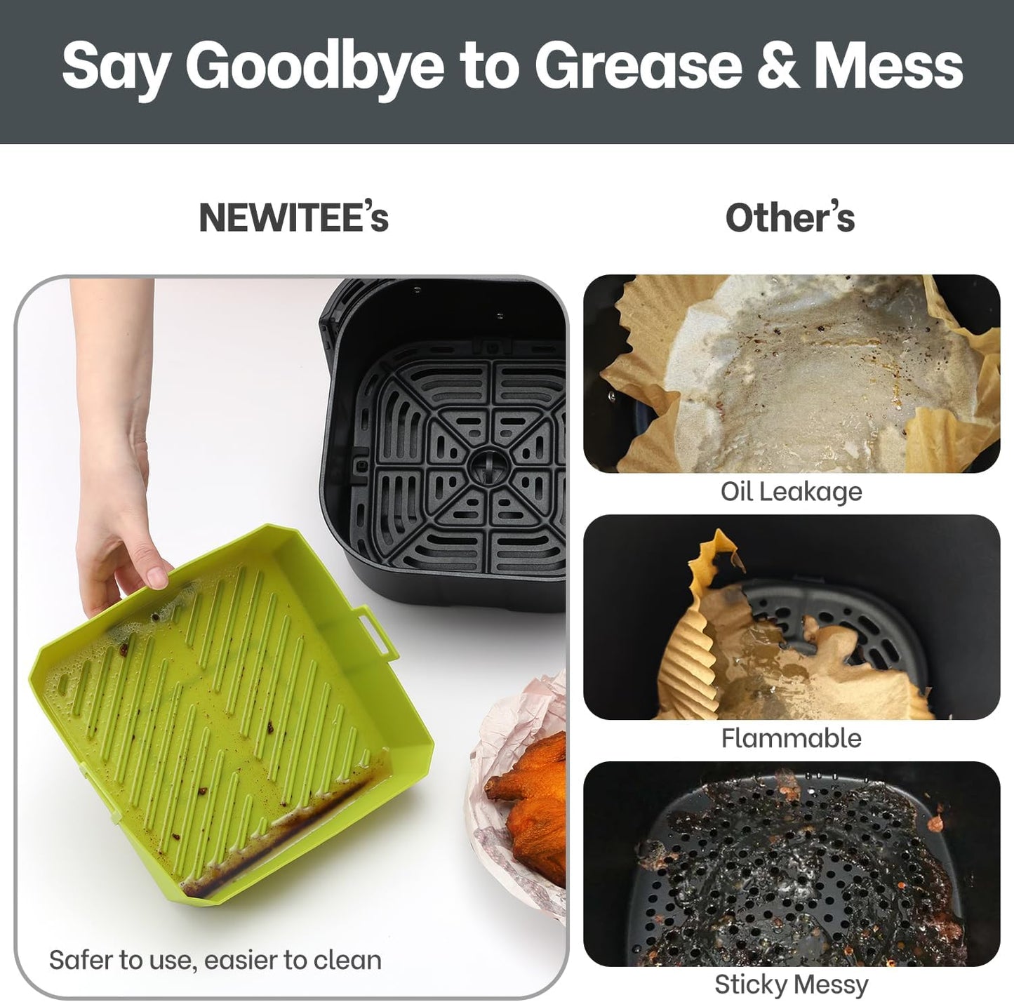 NEWITEE Air Fryer Silicone Liners - 5QT Reusable Square Liners with Handles, 2 Pack, BPA Free Platinum Silicone