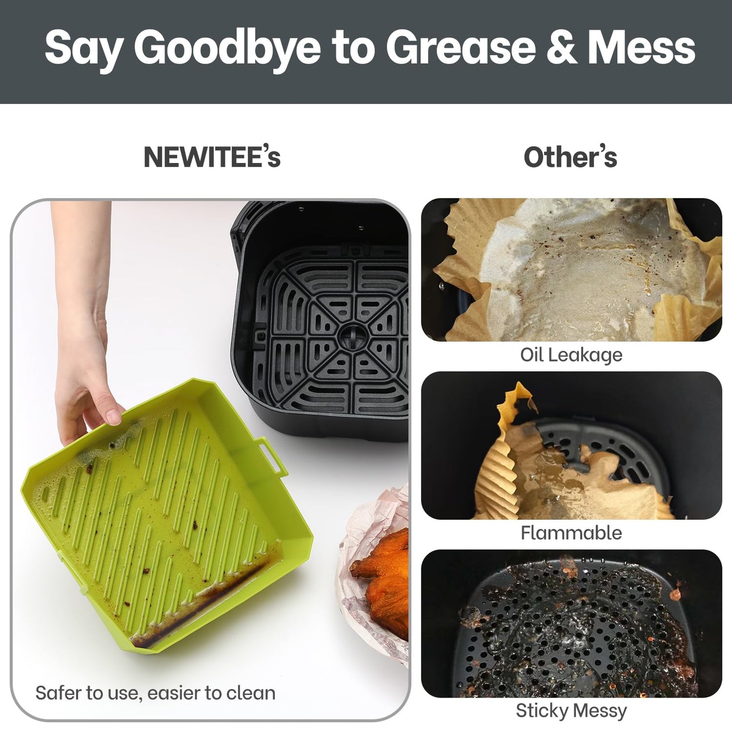 NEWITEE 5QT Air Fryer Silicone Liners for Ninja AF141/AF142 & COSORI CAF-L501, Square Reusable Air Fryer Liners with Handle, 2 Pack BPA Free Platinum Silicone Basket, Upgrade