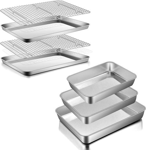 E-far Baking Pans Set - 3-Piece Stainless Steel Bakeware with Rack | Non-Toxic, Dishwasher Safe, 12.5/10.5/9.4 Inch