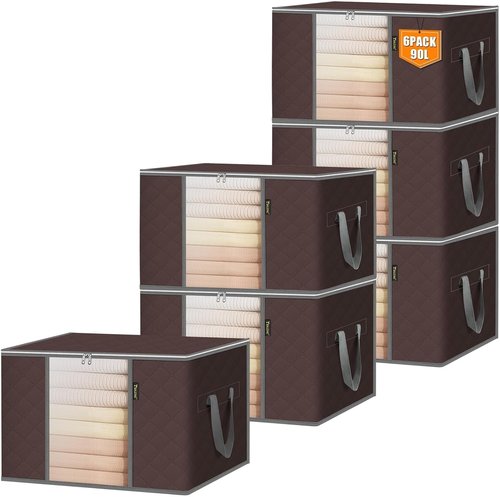 BALEINE 6 Pack Clothes Storage Bags - 24 Gallon Containers with Reinforced Handles | Sturdy Zipper for Bedding (Brown)