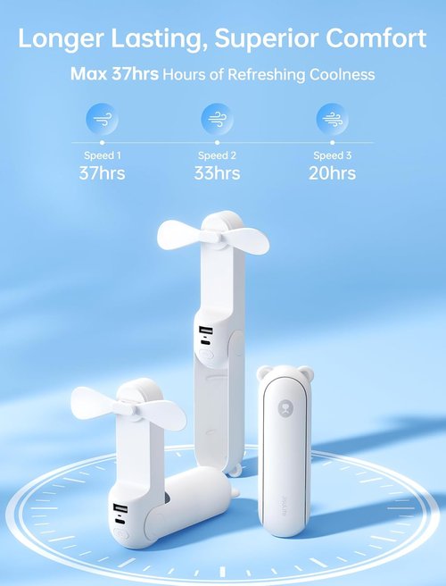 JISULIFE Handheld Fan - Mini 3-in-1 Fan with 37 Hours Cooling & 4500mAh Power Bank | Portable White