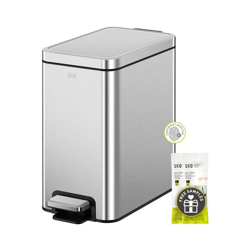 EKO Small Bathroom Trash Can - Stainless Steel, Soft Close Lid, 6 Liter | Anti-Fingerprint Finish (Silver)