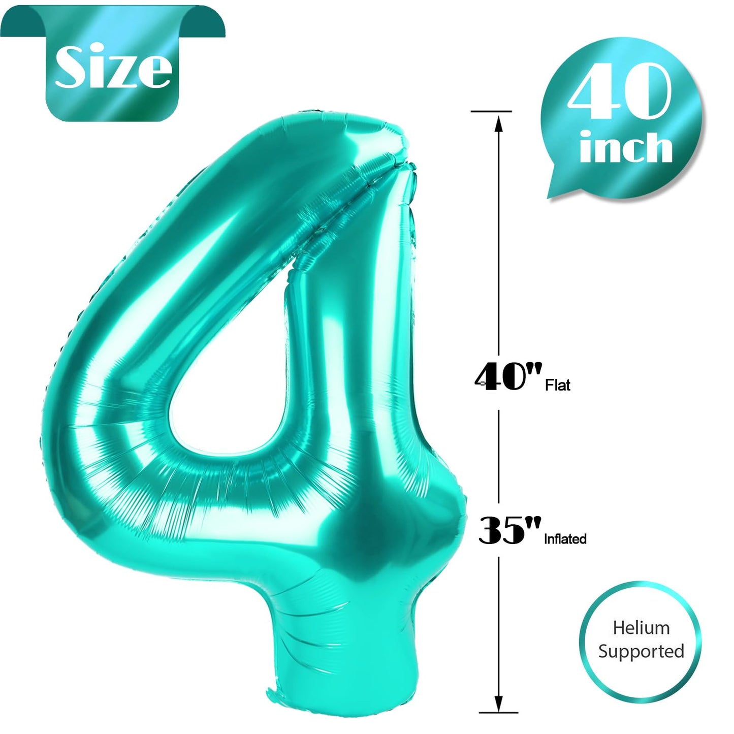 Teal Blue 4 Balloon, Number Balloons 40 Inch, 4th Birthday Decorations for Girls Four Large Numbers for Party Decor, Number 4 Balloon