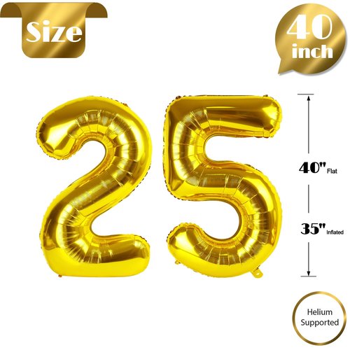Gold Number 25 Balloon 40 inch, 25 Number Balloons, 25th Gold Birthday Decorations, 25 Year Old Women Men Golden Party Supplies