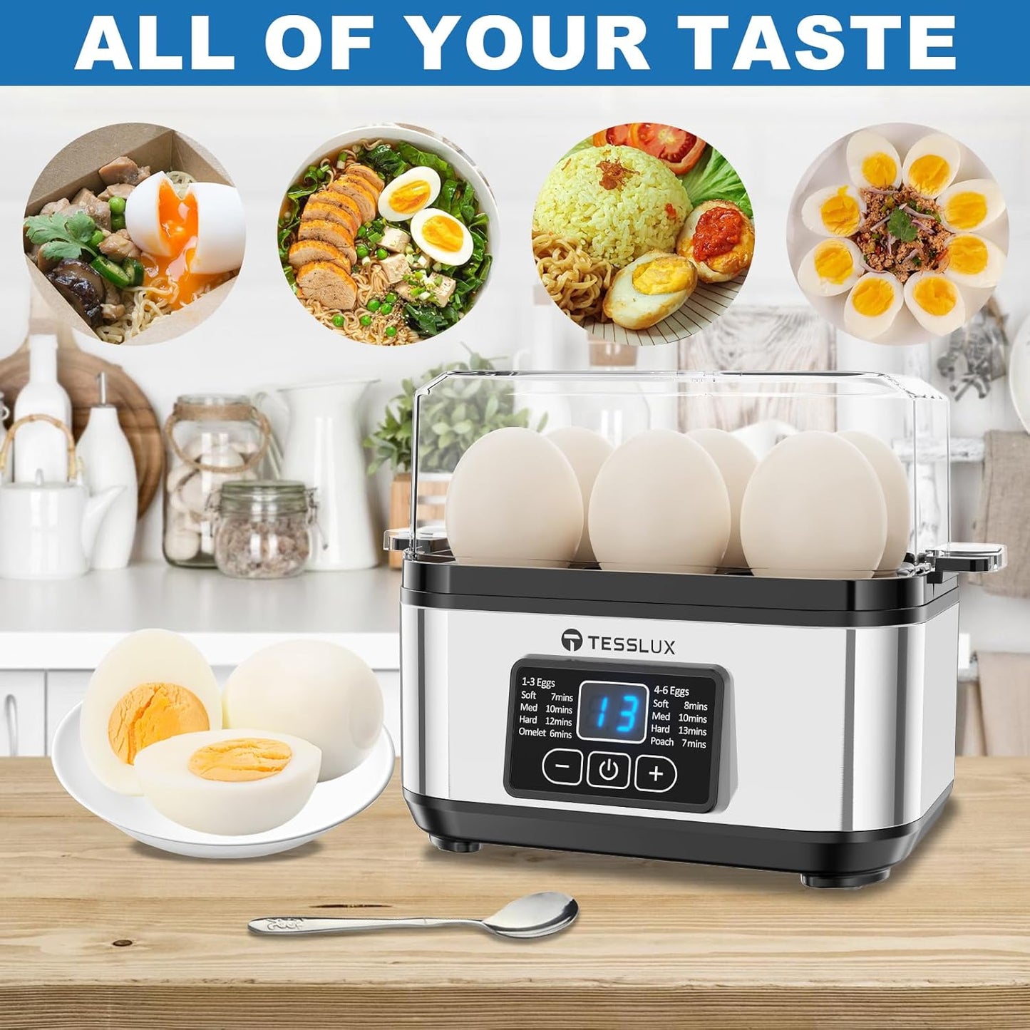Tesslux Electric Egg Cooker - 6 Egg Capacity for Hard Boiled, Poached, Scrambled Eggs | Auto Shut Off, Silver