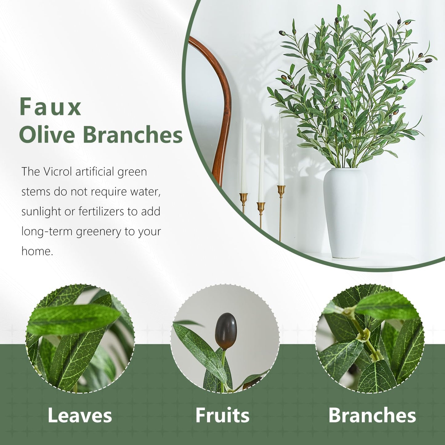 Vicrol 2 PCS 39 Inch Faux Olive Branches Artificial Flowers Greenery Stems Olive Tree Branch for Vase Filler Home Decor Indoor