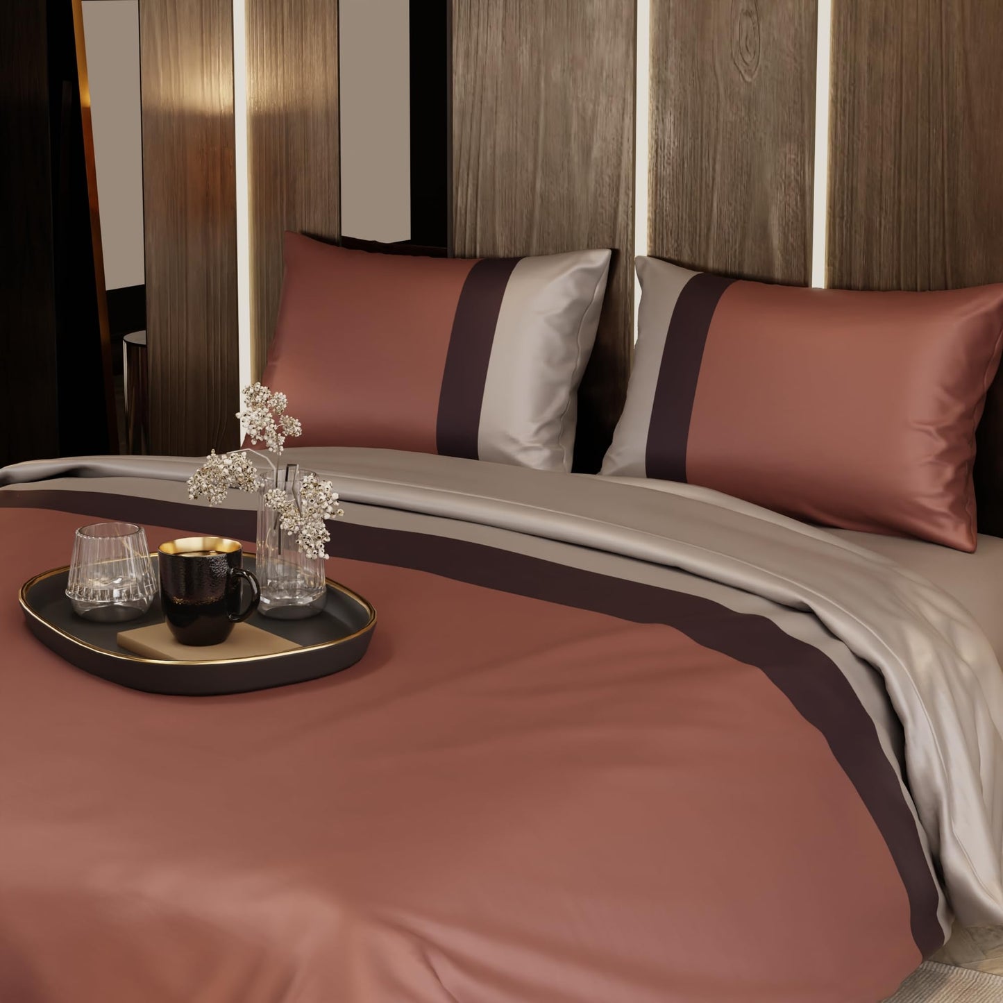 Stoa Paris Luxury Satin Queen Duvet Cover Set 3PCs, 300TC Silk-Like Bedding for Hot Sleepers, Skin & Hair Safe, Hidden Zipper + 2 Pillow Shams 20x30”, No Comforter Included, Vogue - Caramel, Wine