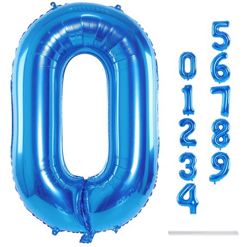 Blue Balloon Number 0, 40 Inch Large Self Inflating Foil Number Balloons 0-9, Giant 0 Digital Helium Balloon for Boys Men Birthday Baby Shower New Year Party Anniversary Celebration Decorations
