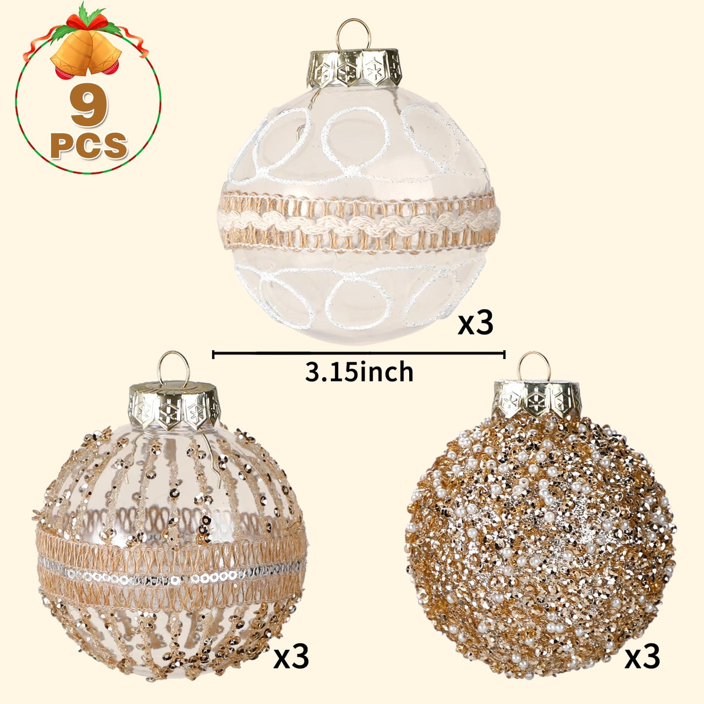 9 Pcs 80mm/3.15" Christmas Ball Ornaments Set, Large Clear Champagne Christmas Tree Decorations Plastic Shatterproof Hanging Balls for Xmas Glitter Farmhouse Boho Ornaments for Holiday Wedding Party