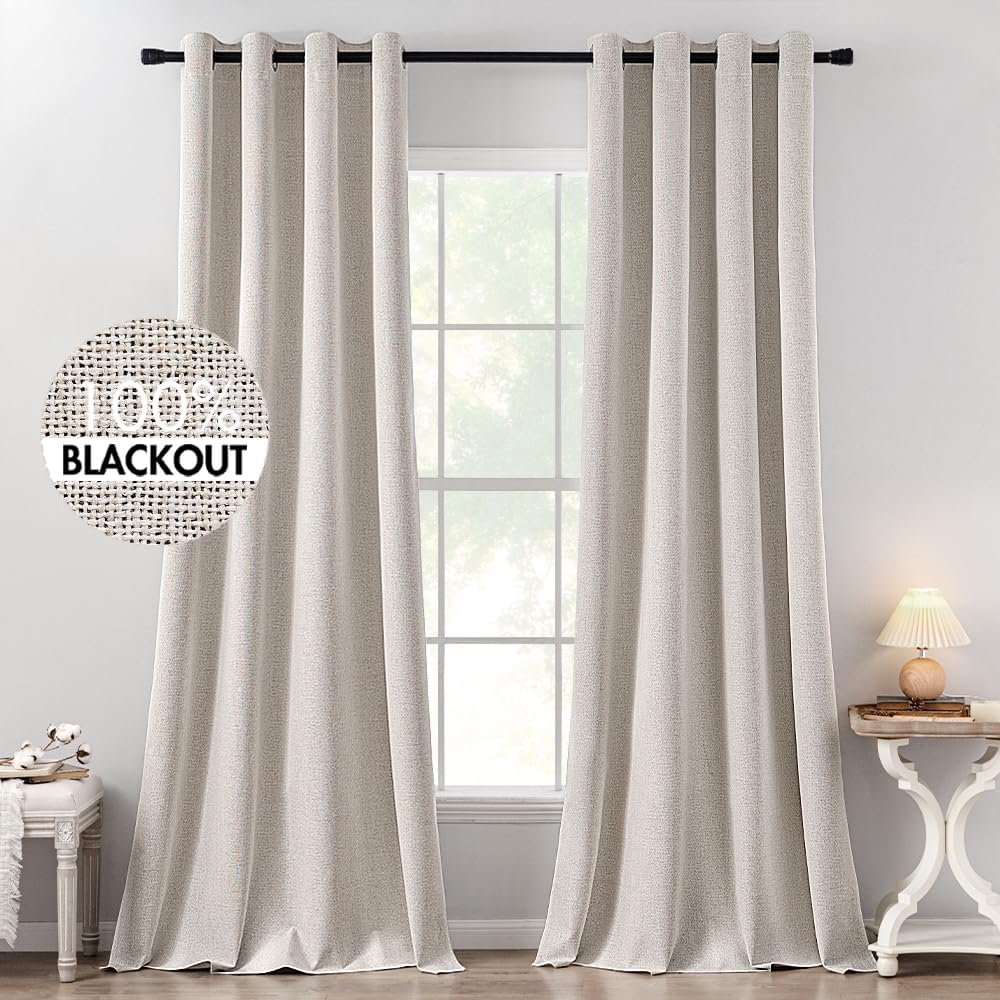 MIULEE 100% Blackout Linen Textured Curtains - Thermal Insulated Ivory Drapes | 52 x 132 Inch (2 Panels)
